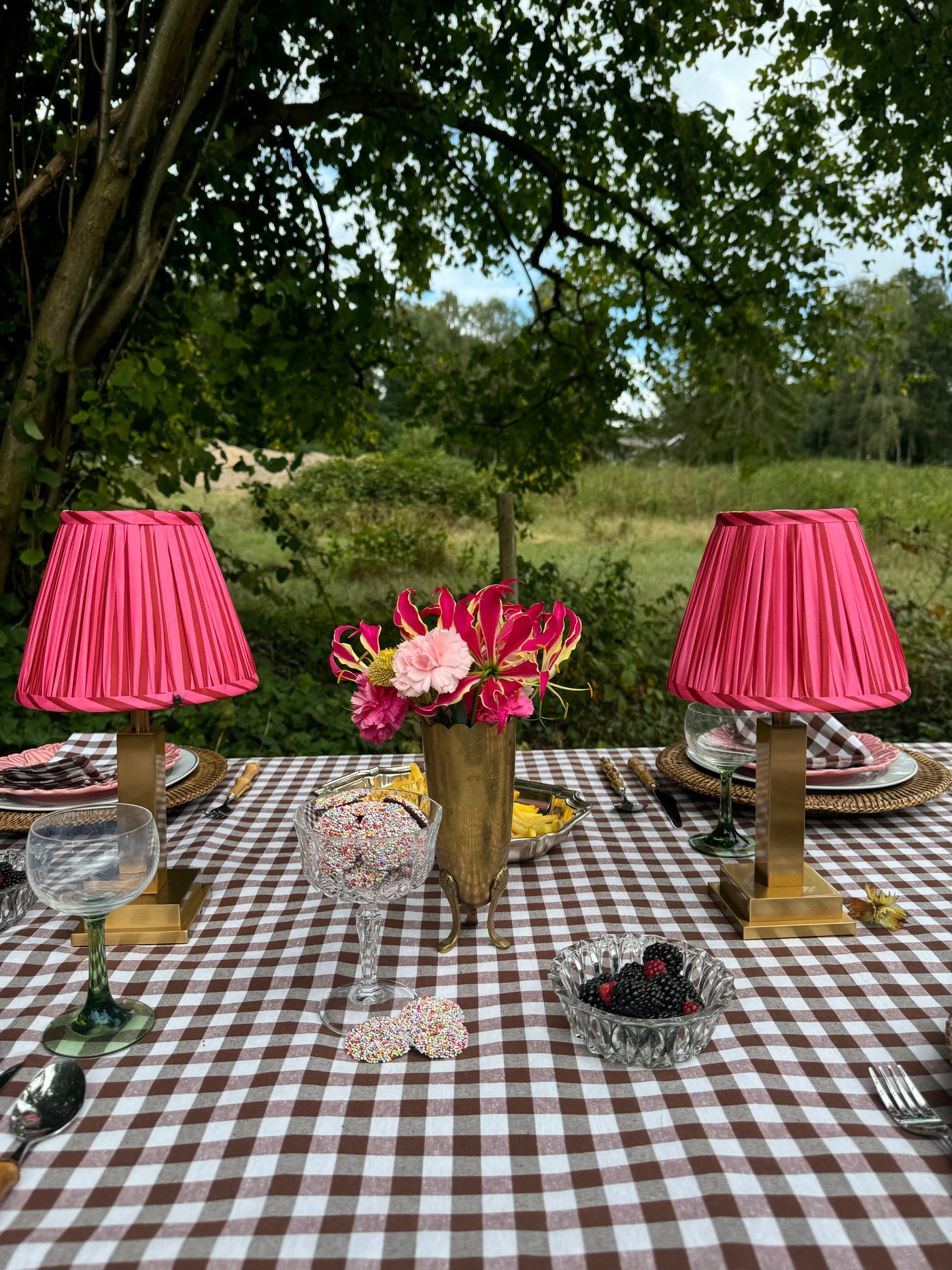 Philia rechargable table lamp striped pink lampshade